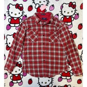 911 Sportswear Mens Vintage Plaid Flannel Shirt Red White Blue Large Long Sleeve